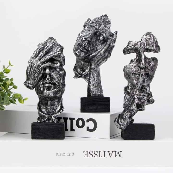 fumisee-3-pcs-thinker-statue-silence-is-gold-abstract-art-figurine-no-hear-no-see-no-speak-modern-home-resin-sculptures-decorative-objects-desktop-decor-silver-gold-silver