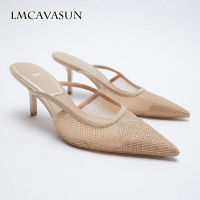 LMCAVASUN 2021 Summer Air mesh Mules Women High heels with Pointed Lady Sandals Fashion slippers for women