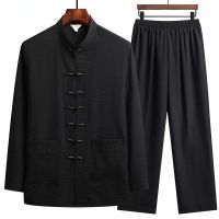 Chinese Traditional Clothing Set Man Fall Linen Buckle Kung Fu Shirt Oriental Retro Top Pants Tai Chi Breathable Unifo..