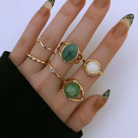 Geometric imitation green jade joint ring 6-piece set of rings for women with a sense of design; a small number of simple diamond ring PB6U