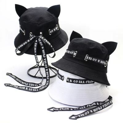 [hot]Cute Cat Ears Streamer Fisherman Hat Women Casual Basin Hat Solid SunHat Designer Bucket Hat Unisex Punk Hats Hip Hop Bonnets