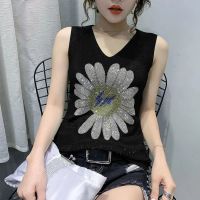 [COD]Hot Rhinestone Ice Silk Camisole Women S Unique Daisy Outer Wear Inner Sleeveless Knitted Top