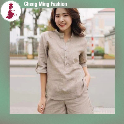 Cheng Ming ชุดเสื้อผ้าผู้หญิง2ชิ้นชุดเสื้อกางเกงขาสั้นชุดแขนยาวผ้าลินินแฟชั่นผ้าคอตตอนสีทึบคร็อปแพนท์