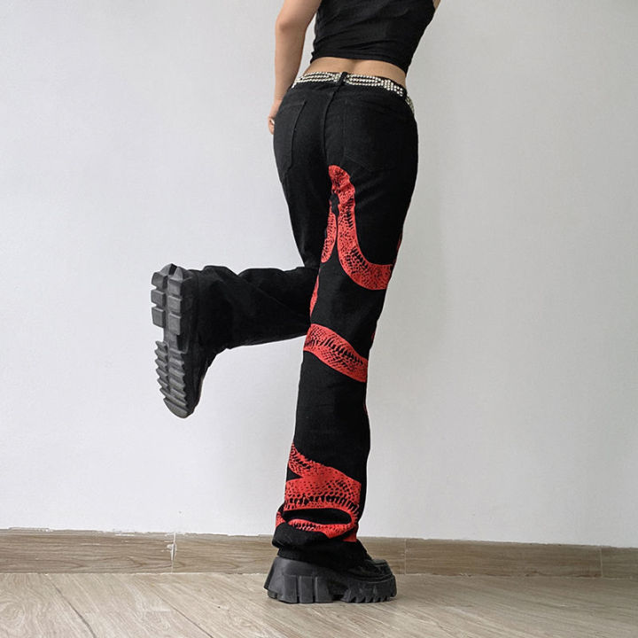 กางเกงขากว้างสไตล์จีนกางเกงยีนส์พิมพ์ลายงูแนวสตรีทกางเกงยีนส์สีดำโกธิค