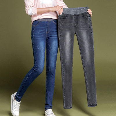 กางเกงยีนส์ผู้หญิงเอวสูงเพิ่มกำมะหยี่ mm กางเกงขายาวทรงดินสอเอวยางยืดสไตล์เกาหลีสำหรับฤดูใบไม้ร่วง