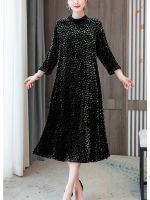 【YF】 Autumn Winter Fashion Burn Flowers Velvet Midi Dress Elegant High End Plus Size Women Korean Vintage Party Dresses