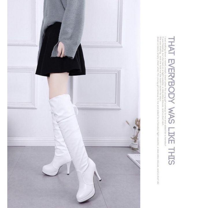 รองเท้าบูทหนังสีขาว-บูทยาว-บูทเกาหลี-บูทพร้ตตี้สีขาวส้นสูง-หนังpu-9-5cm-818บูทยาว