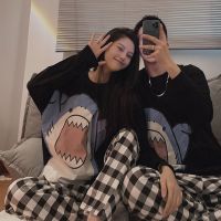 Cute Shark Print Womens Pajamas Autumn Couple Plaid Sleepwear Black Pijama Kawaii Long Sleeve Pyjamas Loungewear Suit Pjs