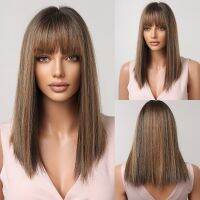 Bob Medium Length Straight Bangs Wigs for Women Brown Blonde Mixed Synthetic Wigs Daily Cosplay Heat Resistant [ Hot sell ] TOY CENTER