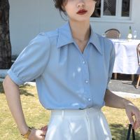 Blue chiffon short-sleeved shirt womens summer V-neck shirt business temperament formal clothes interview loose puff sleeves top