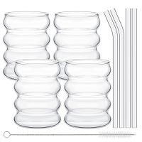 【CW】❇◕  4 Pcs Glass Cups Shaped Drinking Glasses Ribbed Glassware with Straws Set for Juice