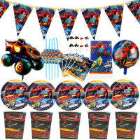 Blaze และ Monster Machines ออกแบบตกแต่งถ้วยจานเด็ก Favors Baby Shower จานธงแก้ว Birthday Party Tableware Set