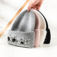 Hat woman winter rabbit hair knitted hat rhinestone gem Angora rabbit hair pullover head ear protection cold hat beanie hat