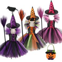 2023 Halloween Costume for Kids Girls Witch Cosplay Tutu Knee Dress with Hat Broom Children Carnival Vestidos Fancy Dress Clothes New