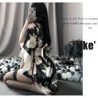 Japanese Chiffon Kimono y Lingerie Lce Silk Pencetakan printing Bathrobes Long Robe Night Wear