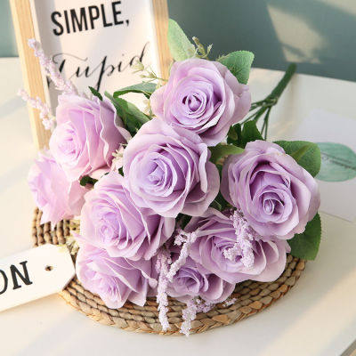 【cw】Artificial Purple Silk Rose Wedding Party Bouquet Home Garden Living Room Desktop Decoration Simulation Rose Flower Arrangement