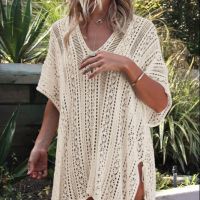 Available 3 colors Swimwear hollow V-neck loose bikini cover-up knitted beach sunscreen dress พร้อมส่ง 3 สี ชุดคลุมกันแดดคอวี ชุดคลุมบิกินี่ ชุดเดินชายหาด ชุดเที่ยวทะเลแบบถัก