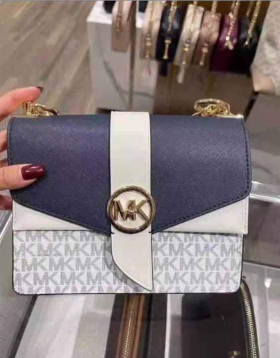 Michael Kors Navy / White Greenwich Small Color-Block Logo Print Canvas and  Saffiano Leather Crossbody Bag with Chain Strap - Women's Bag