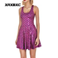 jkk NEW 1009 mermaid dragon scale rose pink Prints Reversible Sleeveless Pleated