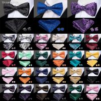 ☢ Hi-Tie Silk Pre-tied Mens Bowtie Hanky Cufflinks Set Bow Tie Cravat for Male Jacquard Solid Paisley Floral Men Wedding Business