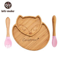 1Set Bamboo Baby Feeding Bowl Cartoon Fox Dinner Plate Bamboo Wood Training Plate Silicone Suction Cup Kids Feeding Tableware