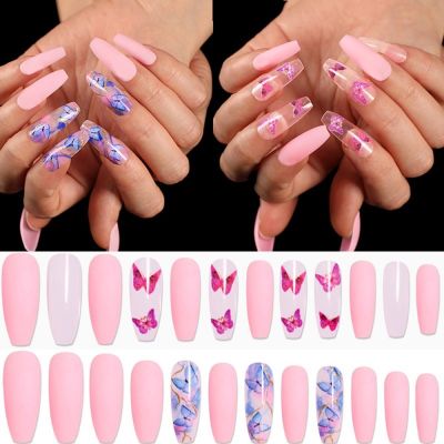 24Pcs/Box Butterfly Pattern/Gradient Color Fake Nails Long Stiletto Coffin False Nails Press On Nails ABS Nail Art Tips Manicure