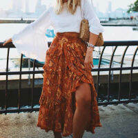 Happie Queens แฟชั่นผู้หญิง Hippie Beach Bohemian ดอกไม้พิมพ์ Ruffles กระโปรงสูงเอว Maxi A-Line Boho กระโปรง Femme