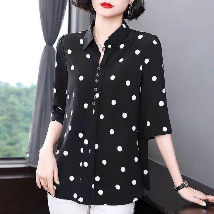 100Kg Fat Female Can Wear Three Quarter Sleeve Polka Dots Chiffon Tops  Ladies Shirt Plus Size Elegant Temperament Half Sleeve Long Chiffon Blouse  Women Lapel Shirts Loose | Lazada
