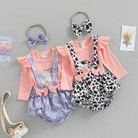 0-24M Summer Baby Girls Romper Cow Print Splicing Bow Decoration Fly Sleeve Jumpsuit Headwear Set  by Hs2023