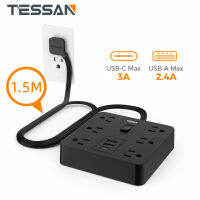 TESSAN 1.5 Metre Extension Cord with USB Port ,Power Strip Extension Socket with 6 Outlet Extender Power Adaptor Connector Socket Desktop Surge Protector Flat Plug with 6 Widely Spaced Outlets, Built-in 1700J , for Home and Office Accessories, Black