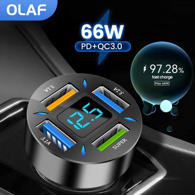 Olaf 4พอร์ต66วัตต์ที่ชาร์จแบตในรถชาร์จเร็ว PD ชาร์จเร็ว3.0 USB C โทรศัพท์ในรถยนต์อะแดปเตอร์ชาร์จในรถยนต์สำหรับ iPhone Xiaomi Samsung Huawei