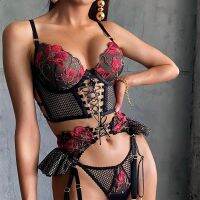 Floral Embroidered Strappy Ruffle Shaping Womens Sexy Mesh Sheer Lingerie Set Three Point Push Up Bra With Garter Belt