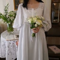 Hanxiuju Delicate Vintage Embroidery Cotton Womens Long Nightgowns Luxury Sleepwear Elegant Loose Nighty Spring Autumn Dress