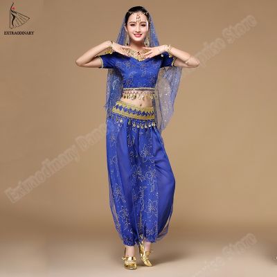 hot【DT】 Bollywood Costumes Set Belly Sari Dancewear Coin Top Pants Veil Headwear