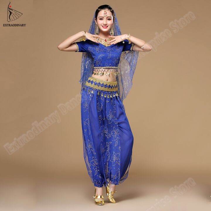 hot-dt-bollywood-costumes-set-belly-sari-dancewear-coin-top-pants-veil-headwear