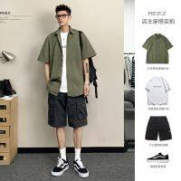 ﹍♧▪ [Shopkeeper wears] Japanese tooling short-sleeved shirt mens summer loose casual solid color all-match shirt