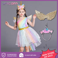 New Summer Unicorn Dress set Costumes for Girls Rainbow Unicorn Tutu Dress Glittering Baby Princess Dress With headband Wings for Kids Birthday Gifts