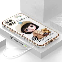 Hontinga Casing Case For OPPO A15 A15S Case Fashion Cartoon Cute Girl Luxury Chrome Plated Soft TPU Square Phone Case Full Cover Camera Protection Anti Gores Rubber Cases For Girls