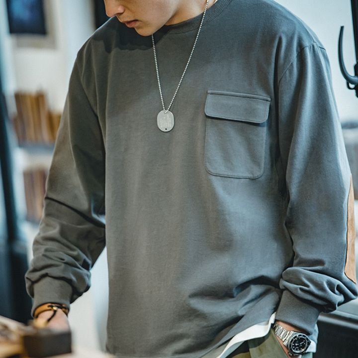 เสื้อยืดแขนยาววินเทจญี่ปุ่น-maden-สำหรับผู้ชาย-สเวตเชิ้ตผ้าฝ้ายลำลอง100สีทึบกระเป๋าปะติดทรงหลวม