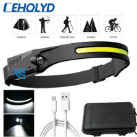 COB LED Headlamp Sensor Headlight with Built-in Battery Flashlight USB Rechargeable Head Lamp Torch 5 Lighting Modes Ceholyd