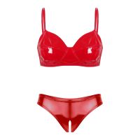 ZZOOI Sexy Womens Glossy Patent Leather Lingerie Set Underwear Spaghetti Straps Bra Tops with Open Crotch High Cut Briefs Exotic Sets