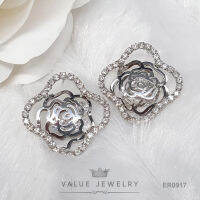 ต่างหูแบบแป้น Value Jewelry ล้อมคริสตัลลายกุหลาบ คามิเลีย รุ่น ER0917 ใส่งานราตรี งานแต่ง ดูดี เรียบหรู พอดี ไม่เยอะไป