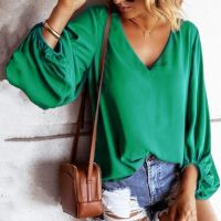 2021 Spring Summer New Women Blouse Long Sleeve V-Neck Solid Color Shirts Female Casual Loose Tops Ladies Vintage Blouse Shirts