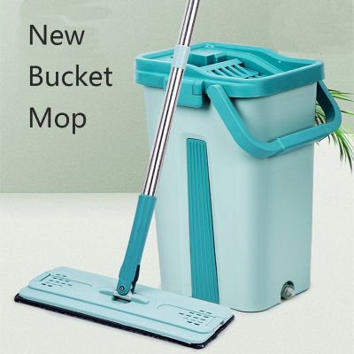Squeeze Mop with Bucket Flat Self-Wring Floor Mops Kitchen Home Cleaning Tools Microfiber Mop Pads Wet or Dry Usage