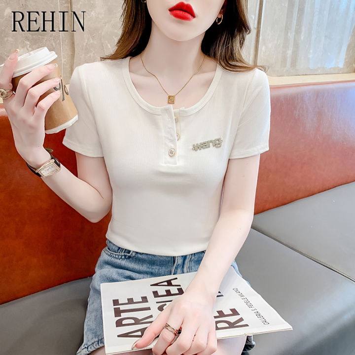 rehin-เสื้อยืดแขนสั้นผู้หญิง-เสื้อยืดแฟชั่นระดับไฮเอนด์หวานใหม่ฤดูร้อน