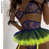 ECTOOKO 2022 New Color Matching Small Skirt Sexy Lingerie Three-Piece Set With Leg Rings Without Stockings