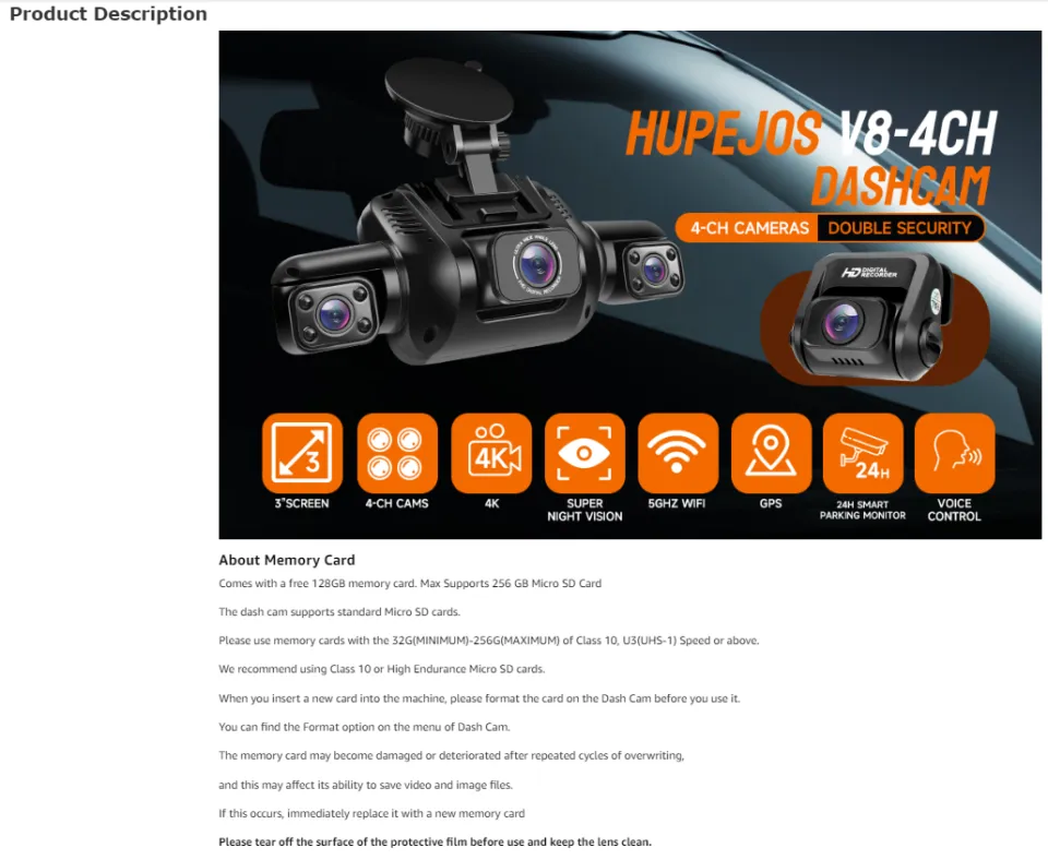 HUPEJOS 360° Dash Cam, 4 Channel Camera 2K Front +1080P*3 Left