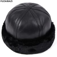 FUZAIBAZI Men Genuine Leather Hat Trend Winter Fashion Sheepskin Bomber Cap For Elderly Lady Velvet Thermal Earmuffs Tide Hats