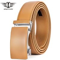 Plyesxale Genuine Leather Belt Men High Quality Ratchet Dress Belt With Automatic Buckle Blue Red Light Brown Mens Belts B36 Belts