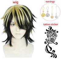 Hanemiya Kazutora Cosplay Wig Tokyo Revengers Tokio Manji Gang Black Golden Hair With Earring With Tattoo Sticker + A Wig Cap